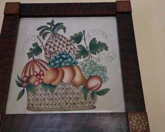 Vintage Folk Art Fruit Basket Painting Theorem Style – Signed P. Welch