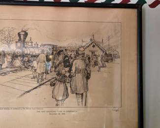 Framed black-and-white commemorative print titled “The First Railroad Train in Greenwich – December 25, 1848”. From an original drawing on exhibition at Putnam Trust Company. Signed by artist Ruyel.