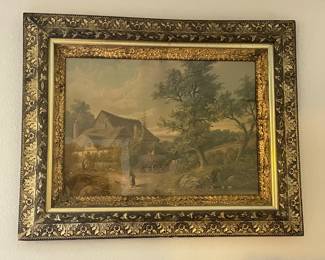 Framed Farmhouse with River Antique lithograph by Albert Meyer