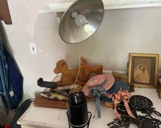 WOODEN TOYS, CAST IRON TRIVETS, LIGHT, ETC.