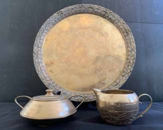 CW139Brass Cream And Sugar With Platter