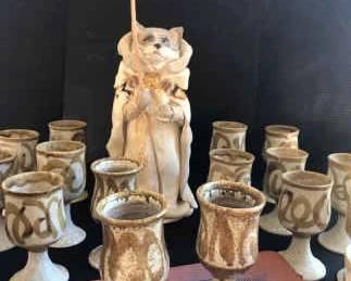 CW216Clay Sculpture Of Winter Solstice Fox with A Set of 23 Handmade Ceramic Goblets