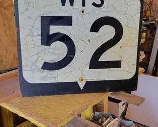 1 WIS 52 Vintage Highway Sign. 2nd photo with flash shows Patina. 24 Square.