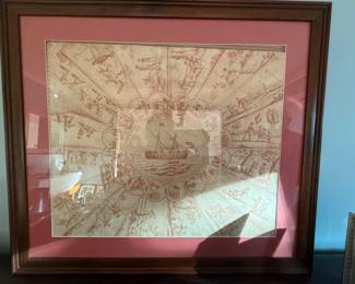 Antique ship silk scarf framed