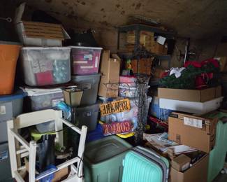 Still have to clean out the attic and will post photos as we go. Not everything here will go but most of it will. All Halloween decorations and some Christmas decorations.  