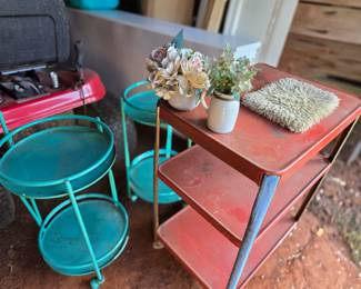Outdoor side tables and vintage kitchen cart