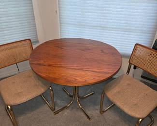 Cute Drop Leaf Table & Cane Back Chairs with Gold Accent Legs & Table Base, perfect for Small Space. Seats are Beige Upholstery