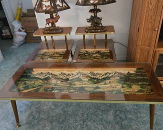 German, Hand Carved, 3D (Shadow Box) Coffee Table & 2 Mid-Century Step Back Tables with German Black Forest Lamps (Elk/Boar) One Table has a minor Crack in the back portion otherwise - in excellent condition