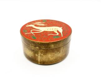Enameled Brass Round Box w/ Deer Motif