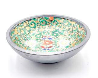 Vintage Japanese Hand-Painted Porcelain Bowl w/ Pewter Mount