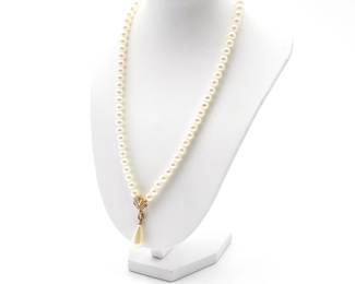 Pearl Necklace w/ Art Deco Rhinestone Drop Pendant