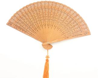 Carved Wooden Hand Fan w/ Orange Tassel