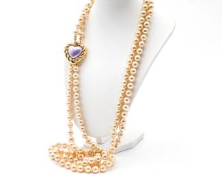Joan Rivers 1990s Glass Pearl Opera Heart Necklace