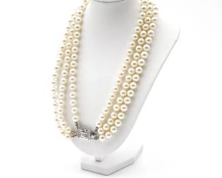 Vintage 3-Strand Pearl Necklace w/ Art Deco Clasp