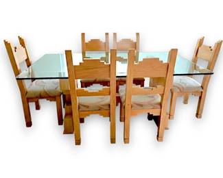 Southwestern Style Oak & Glass Dining Set with 6 Chairs