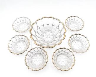Jeannette Glass Thumbprint 24kt Gold Edge 7 Pc Bowl Set