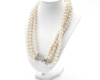 Vintage 3-Strand Pearl Necklace w/ Art Deco Clasp