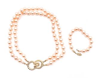 Pearl Necklace & Bracelet Set w/ Gold-Tone Details