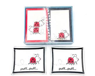 Vintage Hallmark "Puff...Puff..." Ladybug Playing Cards & Glass Tray Set