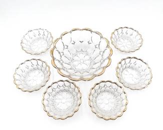 Jeannette Glass Thumbprint 24kt Gold Edge 7 Pc Bowl Set
