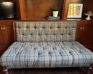 Ralph Lauren Home Tufted Plaid Wool Upholstered Settee Upholstered in 100% Lambswool Cecil Ancient Tarta in Mallard Colorway. Measures 64" W x 32" D with 18" Seat Height. Photo 2 of 5. 