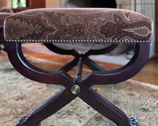 Ralph Lauren Mahogany Cross Bench Stool with Claw Feet. Upholstered in Hampton Square Paisley Velvet Fabric - 2 Available. Each Measures 22" x 22" x 19" H. Photo 1 of 3. 