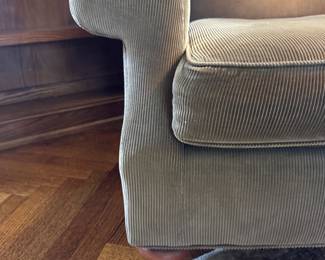 Lauren Collection Swayze Chair Upholstered in Corduroy. Has Slight Tear. Extra Fabric Available For Fixing The Arm. Measures 38" W x 40" D. Photo 3 of 5. 