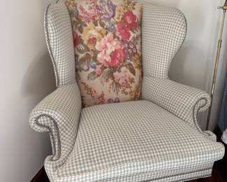 Ralph Lauren Home Devonshire Wing Chair Upholstered in Wool Plaid and Floral Chintz Fabric. Measures 31" W x 36" D. Photo 1 of 6. 