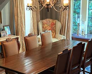 Ralph Lauren Home "Polo Suite" Dining Table and Chair Set. Sold as Set or Independently.  Trestle-Base, Wide-Plank Farm Table Measures 44" W x 108" L (9') x 30" H with 28" Clearance. Photo 1 of 6. 