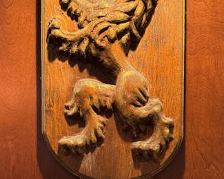 Hand-Carved Wood Shield / Crest. Measures 16" H x 5" W. 
