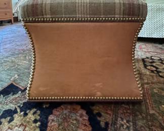 Florence Storage Ottoman with Leather & Hardwick Plaid Woodland Fabric with Nailhead Trim. Measures 18" x 18" x 18" Seat Height. Photo 1 of 4. 