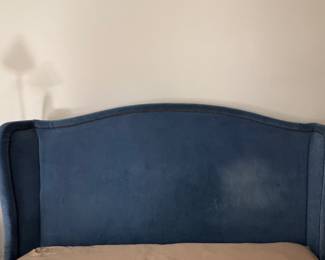 Ralph Lauren Queen Wingback Sleigh Bed Upholstered in Cotton Heritage Velvet in Cornflower Colorway. Measures 66" W x 56" H. Photo 3 of 8. 