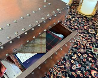 Ralph Lauren English Dalton Leather & Mahogany Coffee Table. Measures 32" x 48" x 19.5" H. Photo 5 of 6. 