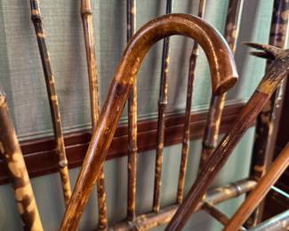 Burnt Bamboo Hall Tree Shown with Four Canes & Bugle. Hall Tree Measures 30" W x 76" H x 6.5" D. Photo 4 of 6. 