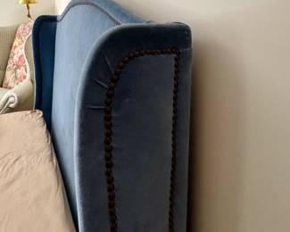 Ralph Lauren Queen Wingback Sleigh Bed Upholstered in Cotton Heritage Velvet in Cornflower Colorway. Measures 66" W x 56" H. Photo 2 of 8. 