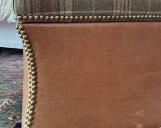 Florence Storage Ottoman with Leather & Hardwick Plaid Woodland Fabric with Nailhead Trim. Measures 18" x 18" x 18" Seat Height. Photo 2 of 4. 