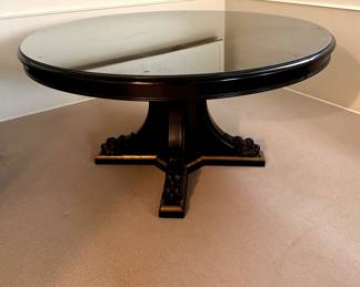 Ralph Lauren Black Lacquered Regency-Style Dining Table with Parcel Gilt Pedestal and Claw Feet. Comes with Glass Topper. Measures 60" D x 30" H with 27" Clearance. Photo 1 of 4. 