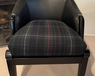 Ralph Lauren Set of 4 Duchess Leather Upholstered Dining Chairs with Plaid Cushion Upholstery. Each Measures 25" W x 30" D x 20" Seat Height. Photo 1 of 5.