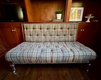 Ralph Lauren Home Tufted Plaid Wool Upholstered Settee Upholstered in 100% Lambswool Cecil Ancient Tarta in Mallard Colorway. Measures 64" W x 32" D with 18" Seat Height. Photo 1 of 5. 
