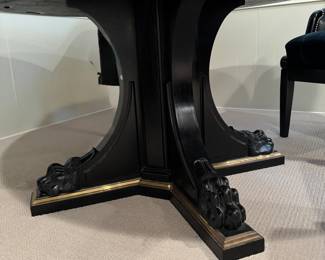Ralph Lauren Black Lacquered Regency-Style Dining Table with Parcel Gilt Pedestal and Claw Feet. Comes with Glass Topper. Measures 60" D x 30" H with 27" Clearance. Photo 3 of 4. 