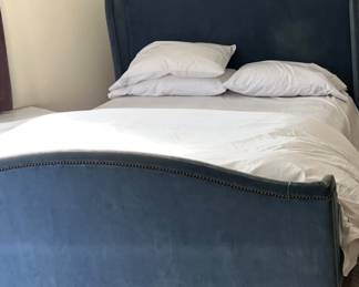 Ralph Lauren Queen Wingback Sleigh Bed Upholstered in Cotton Heritage Velvet in Cornflower Colorway. Measures 66" W x 56" H. Photo 1 of 8. 