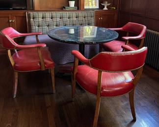 Kitchen Dining Nook Sold as Set Complete with Banquet, Leather Bound Chairs and Plaid Upholstered Banquet or Independently. 