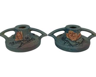 1948 - Pair Roseville Pottery Magnolia Candlesticks 2.5 x 6
