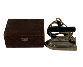 154 - Antique Travel Iron w/ Case 6.5 x 5 x 3
