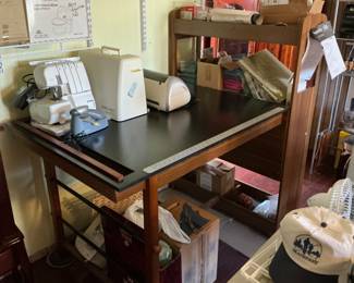 Large craft table, serger, sewing machine, fabric 