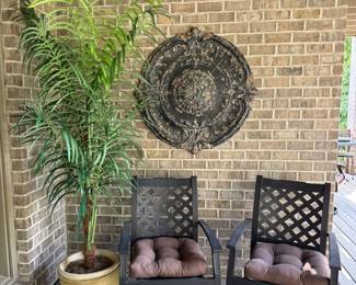 2 Metal Chairs with Plant and Metal Wall Art