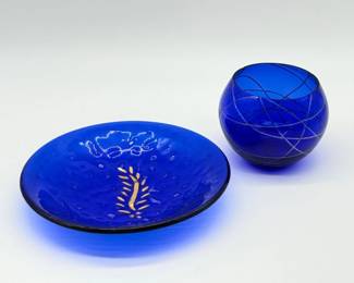 103 CobaltBlueGoldEmbeddedGlassBowlPartyLiteCalypsoGlassVase