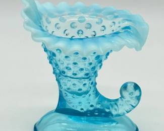 7 VintageFentonBlueOpalescentHobnailCornucopiaVase