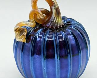 26 HandblownBlueGlassPumpkin