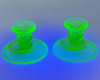 109 VintageUraniumGreenGlassCandlestickHolders